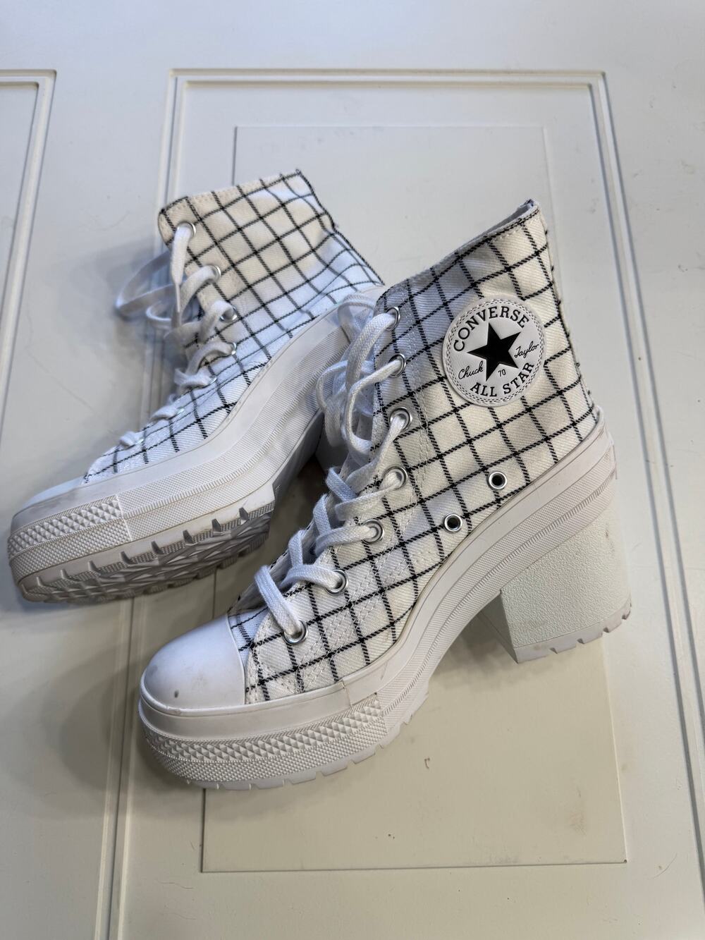 Converse Chuck 70 Sample Womens Sz 7 De Luxe Heel White Plaid Shoe Heel Boot